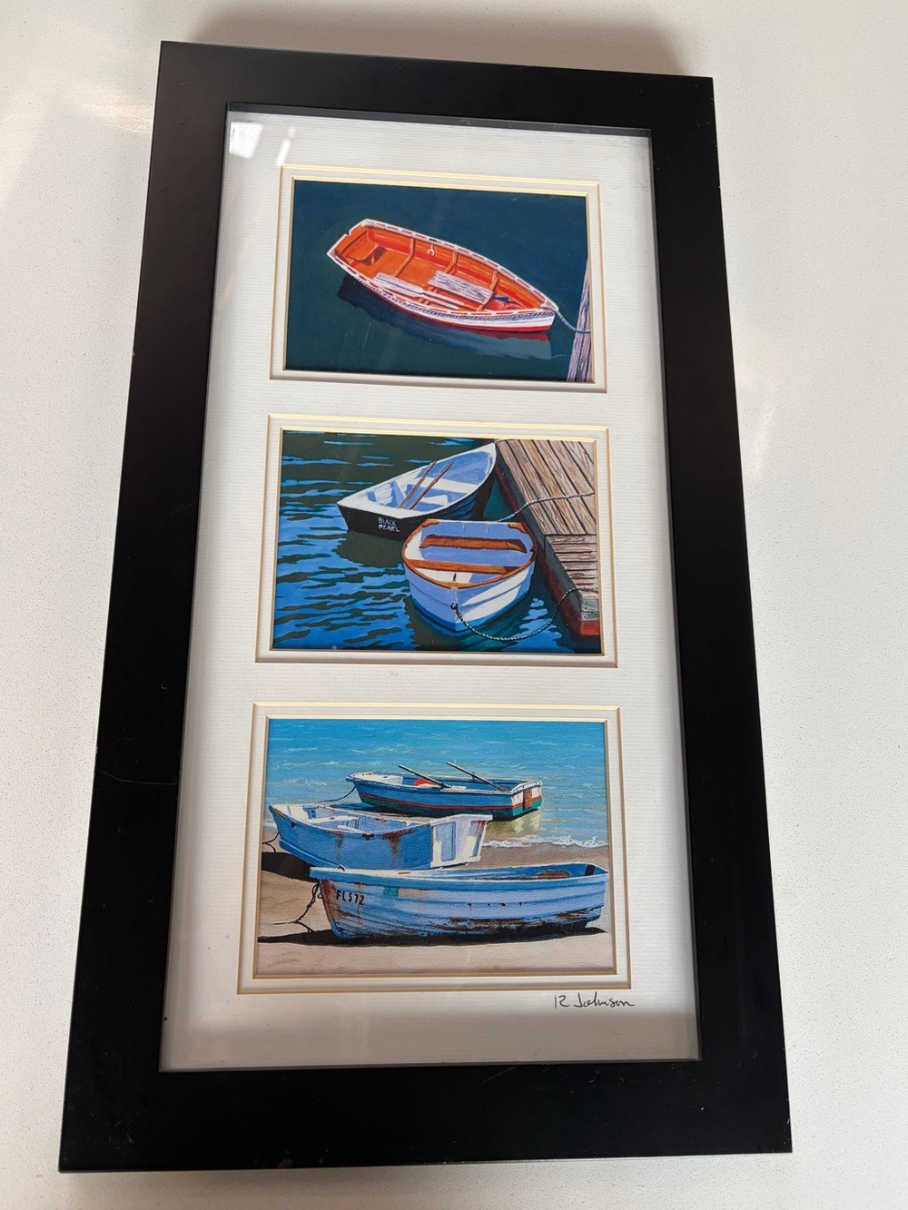Trio Framed cape cod row boats Prints black frame signed Johnson 12.75”x22.5”